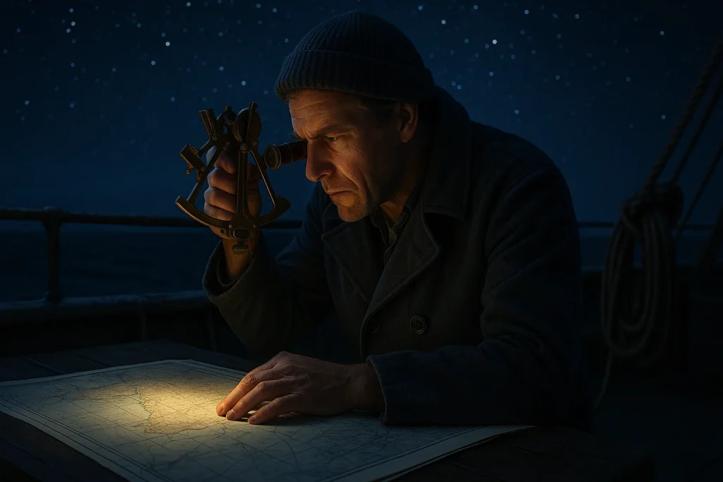 A focused sailor uses a sextant and a paper map under the stars, illustrating how navigation worked before GPS changed everything.