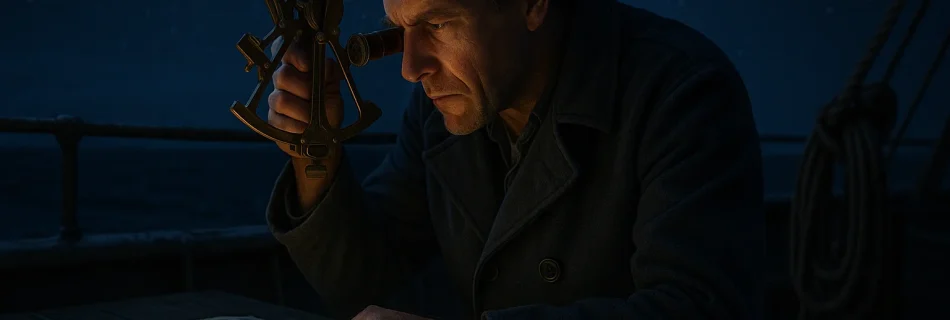 A focused sailor uses a sextant and a paper map under the stars, illustrating how navigation worked before GPS changed everything.