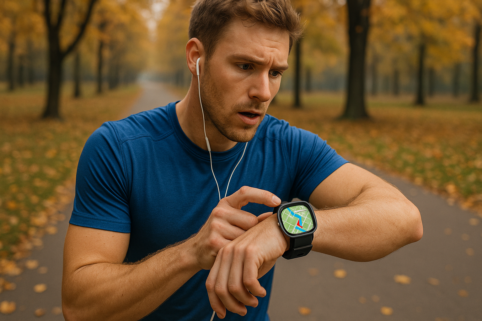  A runner checks GPS data on his smartwatch during a jog through an autumn park.
