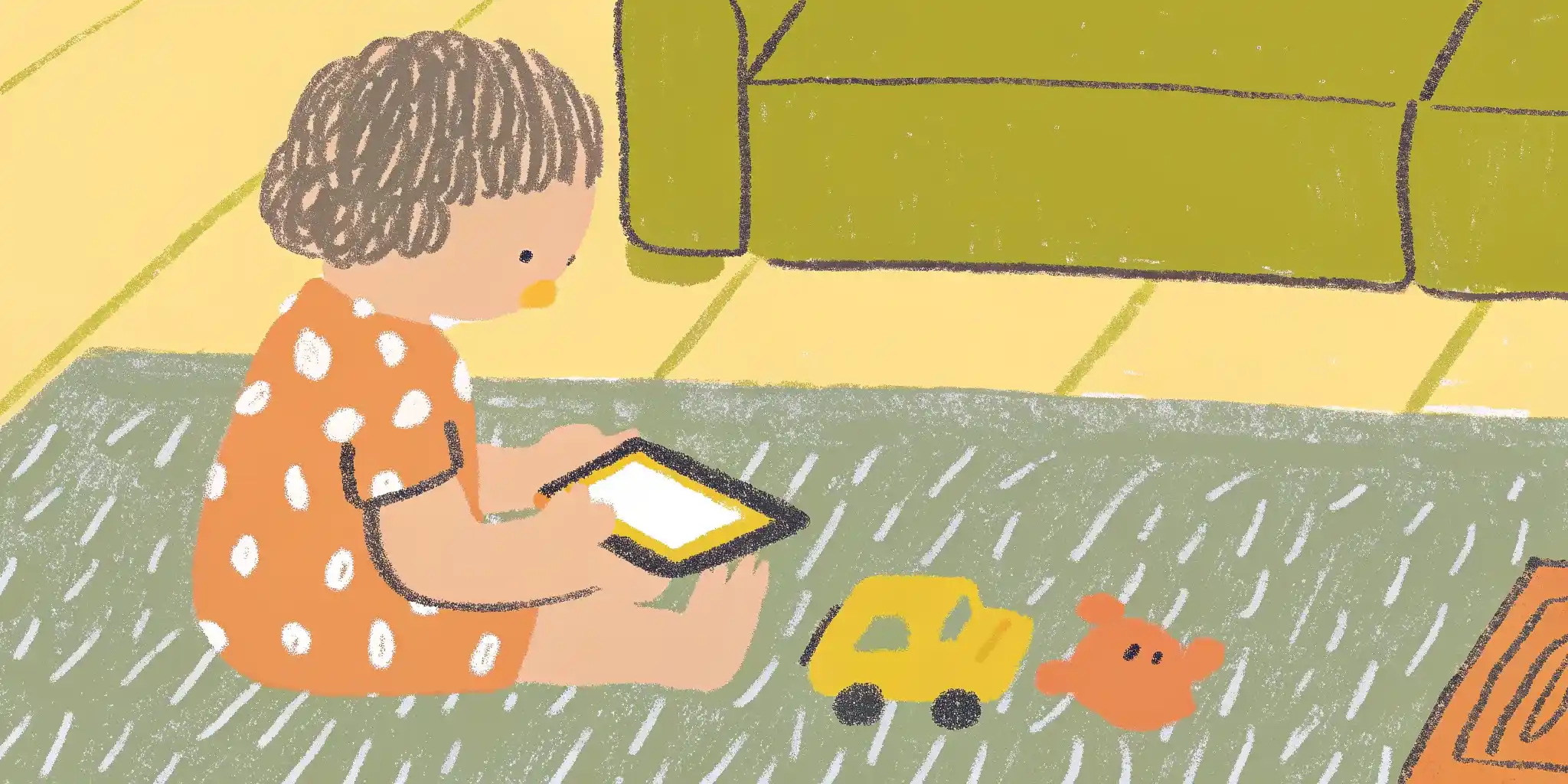child plays with a tablet while sitting on the floor