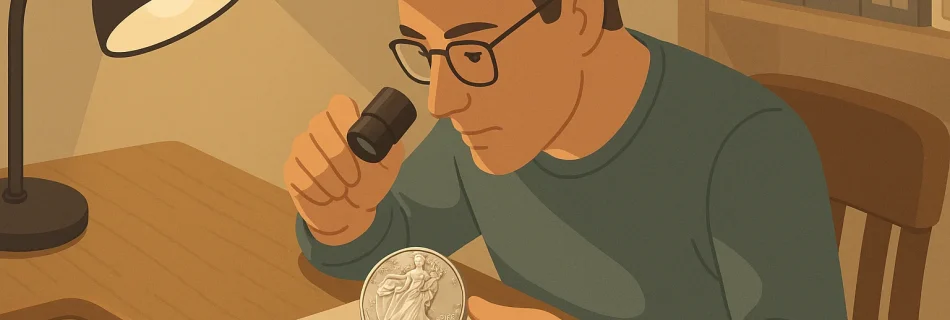 A collector examines a shining modern commemorative coin.