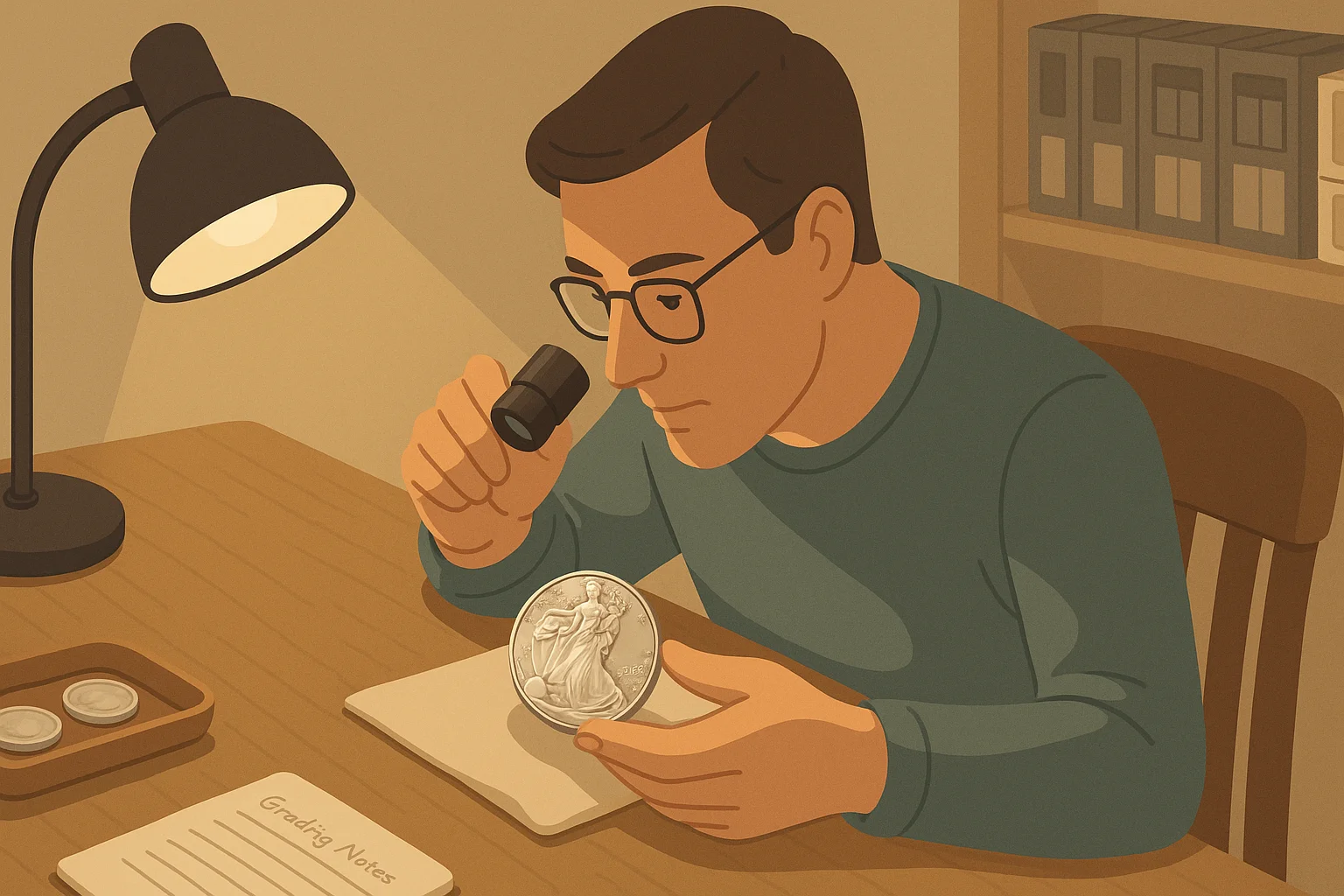 A collector examines a shining modern commemorative coin.